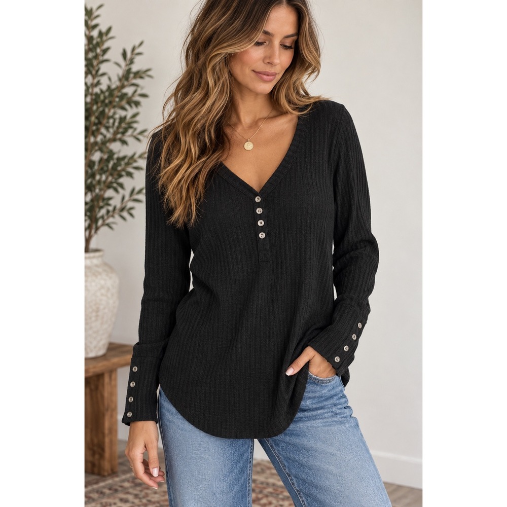 Chaser Black Waffle Knit Henley Top V Neck Button Cuff Small